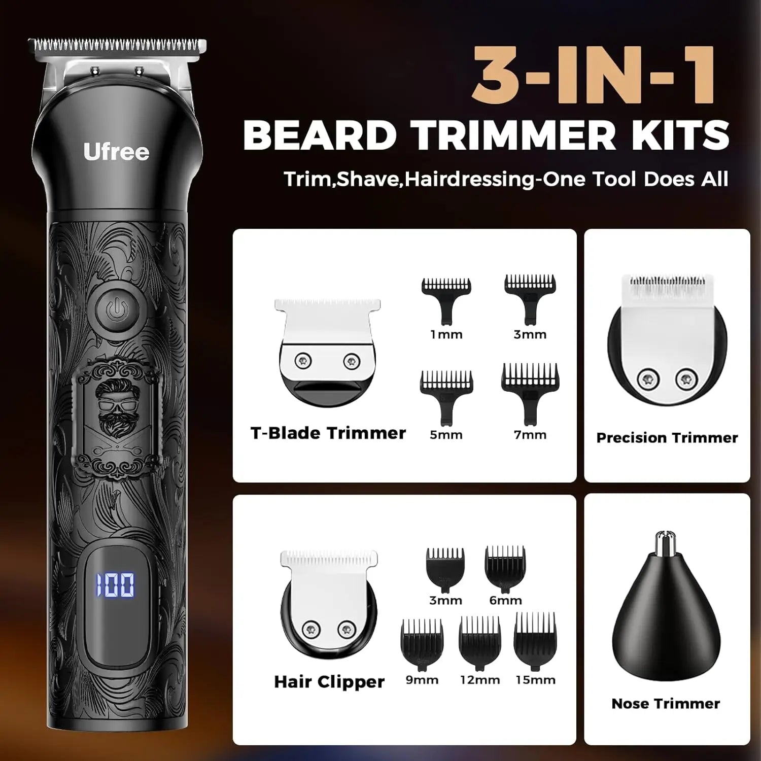 Men's Cordless Beard Trimmer & Foil Shaver for Face, Body, Nose, Ear - Professional Hair Clippers Kit as Birthday Gifts