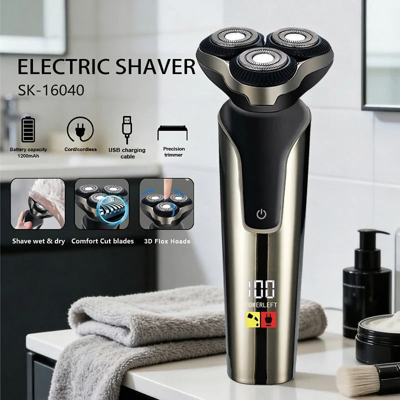 Men's Electric Shaver Wet Dry Shaver with 3-Blade Cutting System Reciprocating Waterproof Shaver Beard Trimmer USB Rechargeable
