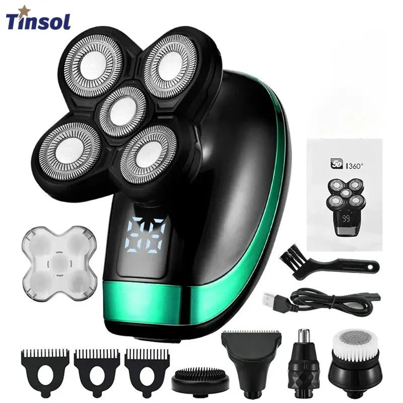 Tinsol 5 in 1 Men's Rechargeable Electric Shaver 5 Floating Head Beard, Nose and Whisker Trimmers 4D Skinhead Shaver Groomer