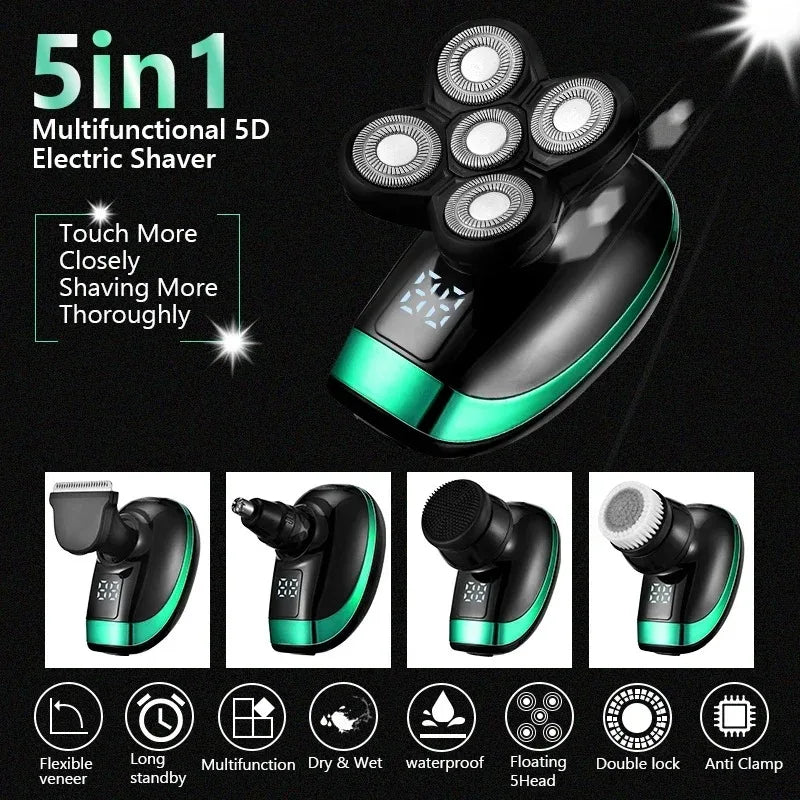 Tinsol 5 in 1 Men's Rechargeable Electric Shaver 5 Floating Head Beard, Nose and Whisker Trimmers 4D Skinhead Shaver Groomer